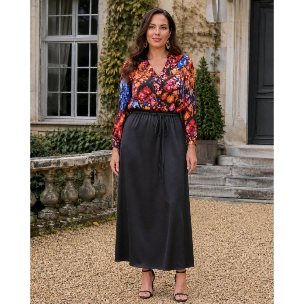 New Calligraphie Black Satin Maxi Skirt Size L Drawstring Waist